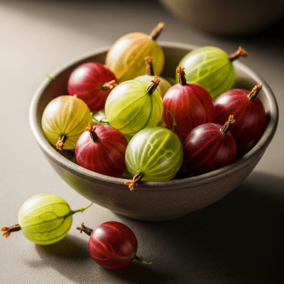 A high resolution image of several fresh Gooseberrys arranged in a simple bowl, representing their use within the taxonomy berries