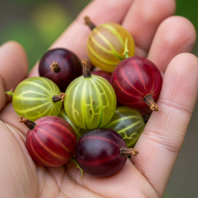 A factual photograph of a hand holding a ripe Gooseberry, illustrating its size and appearance for the taxonomy berries