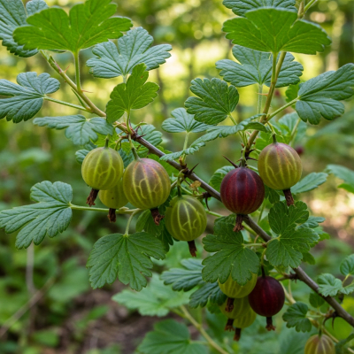 A naturalistic photograph of a Gooseberry growing on its plant in its typical environment, representing the taxonomy berries