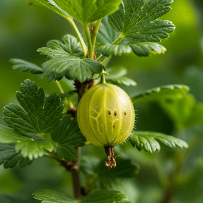 A photograph of a fresh Gooseberry from the fruits taxonomy as it appears in its natural growing environment, such as on a tree, bush, or vine