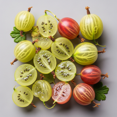 An overhead view photograph of several pieces of the Gooseberry, from the fruits taxonomy, arranged aesthetically on a plain background