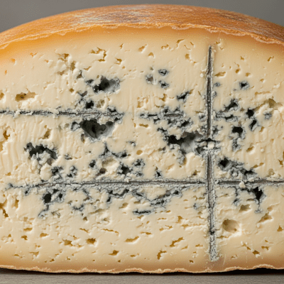 Close-up cross-sectional view of a Gorgonzola, showing its internal texture and structure