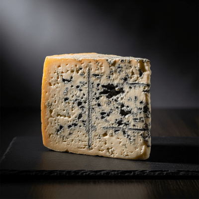 A wedge or whole Gorgonzola from the taxonomy cheeses, styled in an elegant, editorial manner.