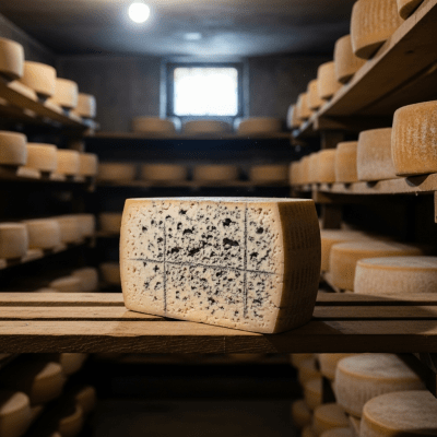 A whole wheel or block of Gorgonzola, shown in an artisanal cellar or aging environment typical for this cheese
