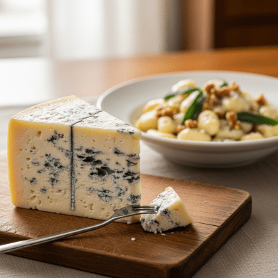 A piece of Gorgonzola being used in a classic culinary preparation or dish where it is commonly featured