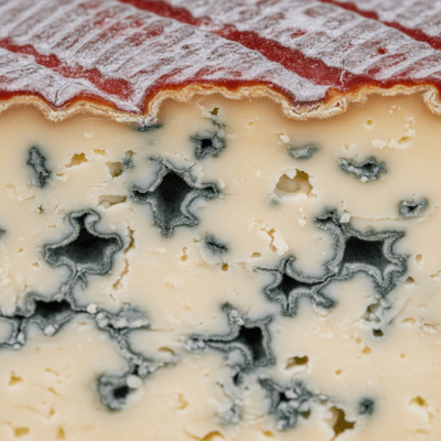 A close-up macro photograph of the rind and surface texture of a Gorgonzola