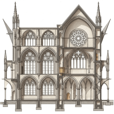 Detailed cross-sectional illustration or cutaway view showing the internal layout and key structural elements of the Gothic Revival (architecture)