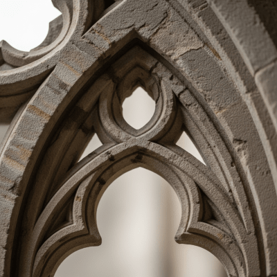 Close-up detail shot of a distinctive feature or ornamentation from the Gothic Revival (architecture), showing material texture, craftsmanship, or unique design elements