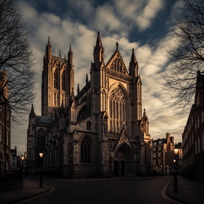 A wide-angle photograph of Gothic Revival, a type of architecture, situated in its typical environment or setting