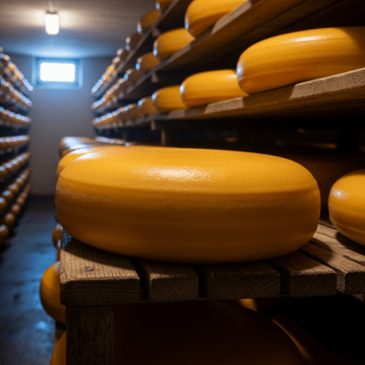 A whole wheel or block of Gouda, shown in an artisanal cellar or aging environment typical for this cheese