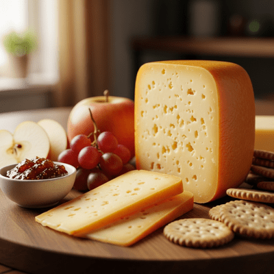 A piece of Gouda being used in a classic culinary preparation or dish where it is commonly featured
