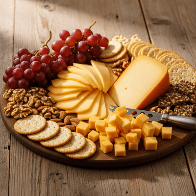 A serving of Gouda arranged as part of a traditional cheese platter with fruits, nuts, and crackers