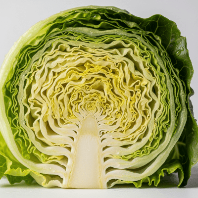 Detailed close-up image of a freshly cut cross-section of Grand Rapids Lettuce, of the taxonomy lettuce