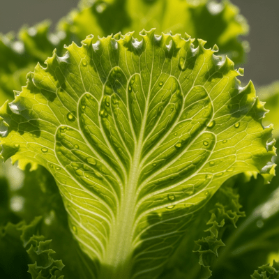 Macro shot capturing the texture and surface details of a leaf from Grand Rapids Lettuce, within taxonomy lettuce