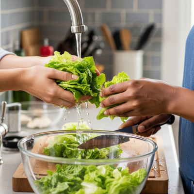 Photograph of a diverse pair of hands preparing or serving Grand Rapids Lettuce in a kitchen setting