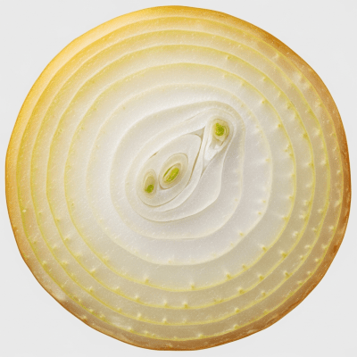 A detailed cross-sectional image of a Granex onion (onions) cut in half to reveal its internal layers and structure