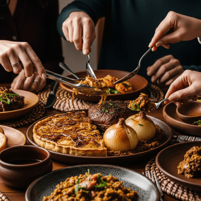 A cultural representation of a Granex onion (onions) featured in a traditional dish or meal setting