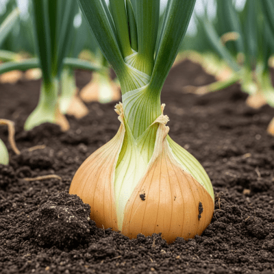 A photograph of a Granex onion (onions) in its natural environment or growing in soil