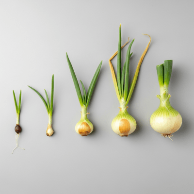An image showing multiple stages of growth for a single type of Granex onion (onions), from seedling to mature bulb