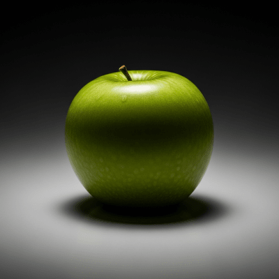 Editorial-style image of a single Granny Smith from the taxonomy apples, dramatically lit against a dark gradient background to highlight color and texture.