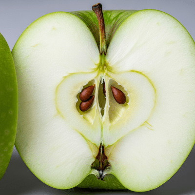 A close-up image showing a cross-section of a Granny Smith of the taxonomy apples, sliced cleanly in half to reveal internal structure, seeds, and flesh