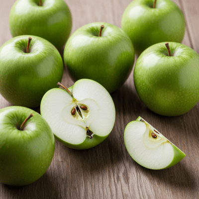 A simple arrangement showing several whole and one cut-open Granny Smith, displayed on a wooden surface