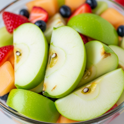 A photograph of a freshly sliced Granny Smith of the taxonomy apples, presented as part of a fruit salad in a clear bowl