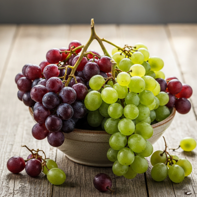 A high resolution image of several fresh Grapes arranged in a simple bowl, representing their use within the taxonomy berries