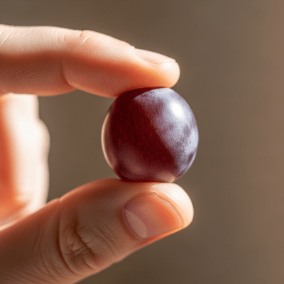 A factual photograph of a hand holding a ripe Grape, illustrating its size and appearance for the taxonomy berries