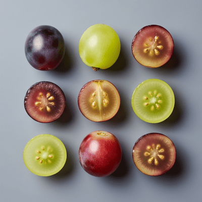 An overhead view photograph of several pieces of the Grape, from the fruits taxonomy, arranged aesthetically on a plain background