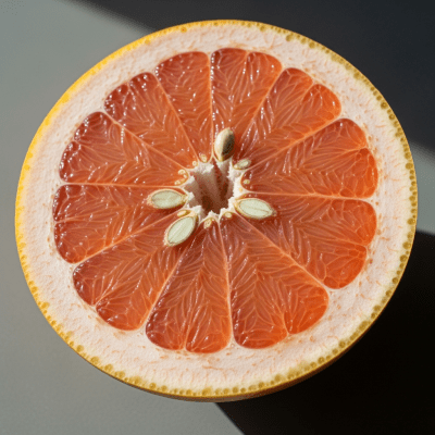 A close-up image showing a cross-section of the Grapefruit, belonging to the fruits taxonomy