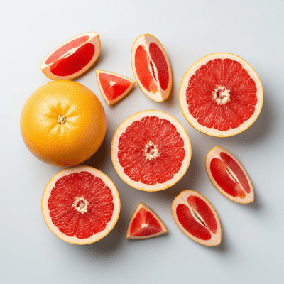 An overhead view photograph of several pieces of the Grapefruit, from the fruits taxonomy, arranged aesthetically on a plain background