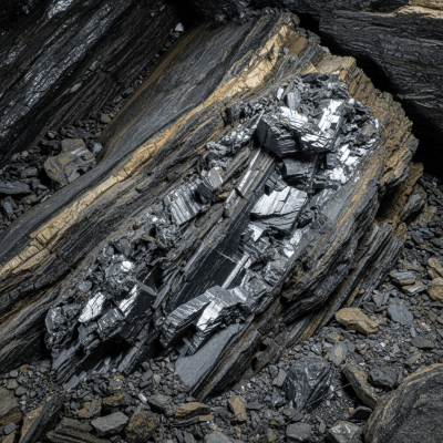 Naturalistic scene featuring Graphite in its typical geological environment, as categorized by minerals