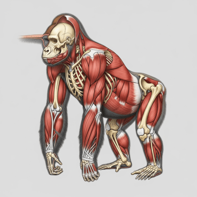 Detailed anatomical illustration of a Eastern lowland (Grauer's) gorilla (subspecies), part of the taxonomy apes