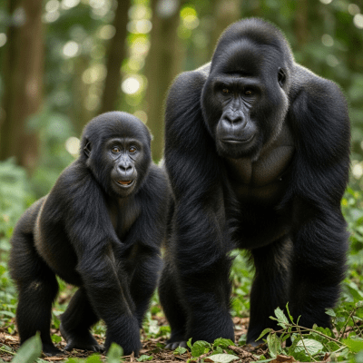 Photograph of a juvenile Eastern lowland (Grauer's) gorilla (subspecies) (apes) alongside an adult in their environment