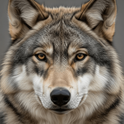 Close-up photograph of the face of a Gray Wolf
