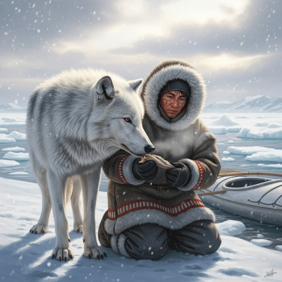 Image of a Gray Wolf interacting with humans in a cultural or practical context