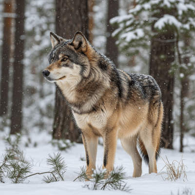 Photograph of a Gray Wolf, part of the taxonomy canines, in its typical natural environment