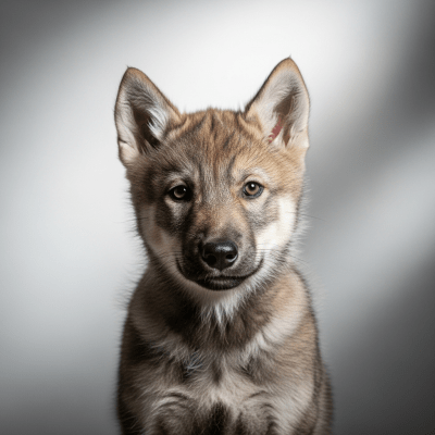 Photograph showing a juvenile (puppy) version of the Gray Wolf
