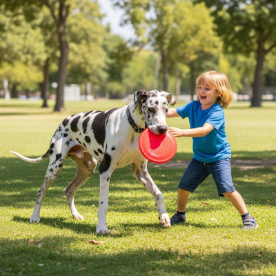 Image of a Great Dane interacting with humans in a typical cultural or domestic setting