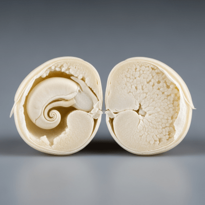 A cross-sectional view of a single Great Northern Bean (beans), sliced cleanly to reveal its internal structure and composition