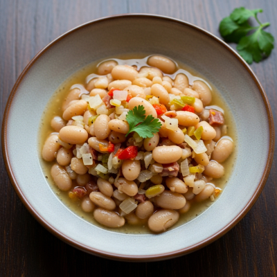 Image of cooked Great Northern Bean (beans) presented as part of a traditional dish or cuisine, plated attractively and photographed from above