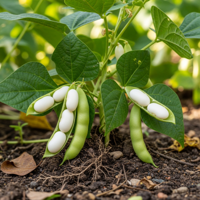 An image of Great Northern Bean, belonging to the taxonomy beans, displayed in its natural environment—such as growing on a plant or vine, surrounded by leaves and soil
