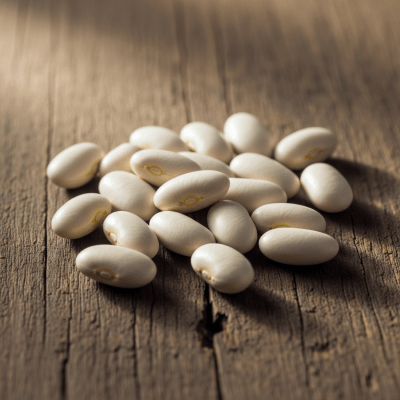 A handful of uncooked Great Northern Bean beans (beans) scattered on a rustic wooden surface, photographed in natural light to emphasize their variety and color