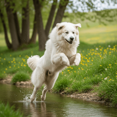 Full body action shot of a Great Pyrenees