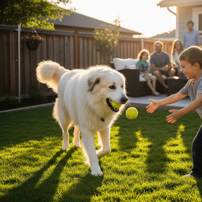Image of a Great Pyrenees interacting with humans in a typical cultural or domestic setting