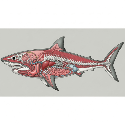 Detailed anatomical illustration of a Great White Shark, part of the taxonomy fish