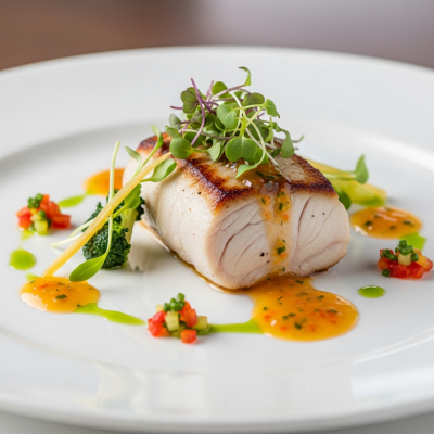 A culinary presentation featuring a prepared dish made with Great White Shark, of the taxonomy fish