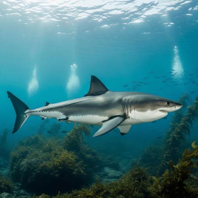 Underwater scene featuring a single Great White Shark