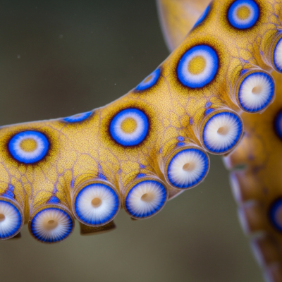 Naturalistic close-up photograph of a single arm of a Greater Blue-Ringed Octopus, focusing on the suckers, skin texture, and coloration details